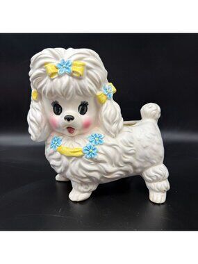 Vtg White Poodle Dog Planter Hand Painted Ceramic Bows Flowers MCM Import Kitsch
